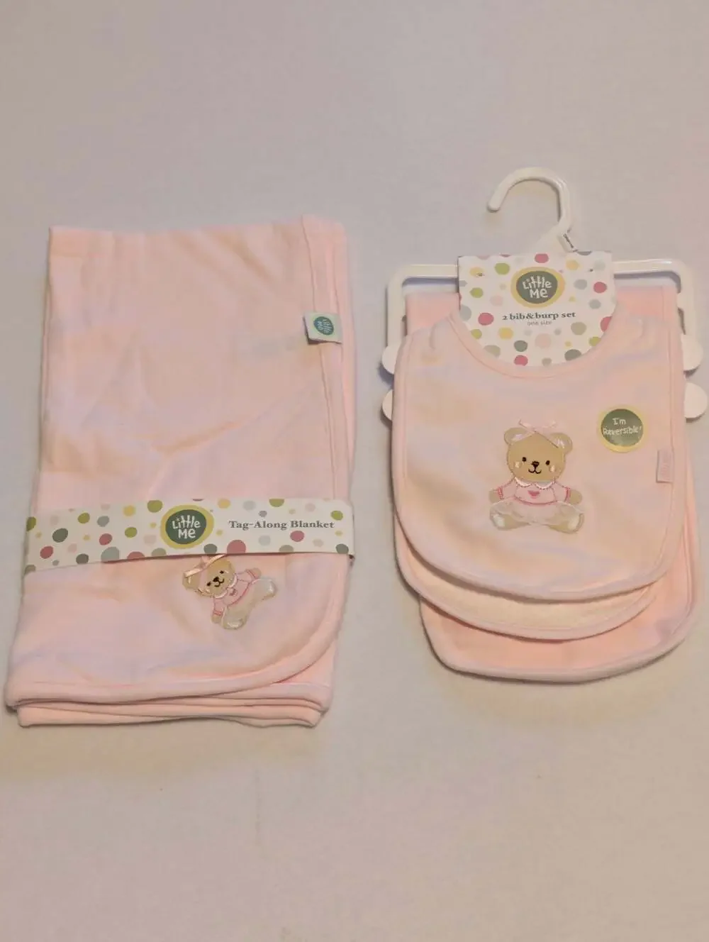 Little Me Baby Girl Pink Tag-Along Blanket and 2-Piece Bib & Burp Set